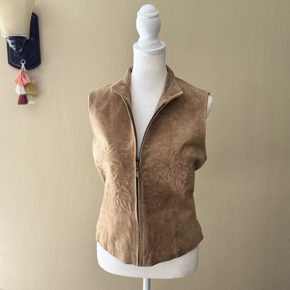VTG Coldwater Creek Womens Small Tan Suede Embroidered Zip-up‎ Vest Western Boho